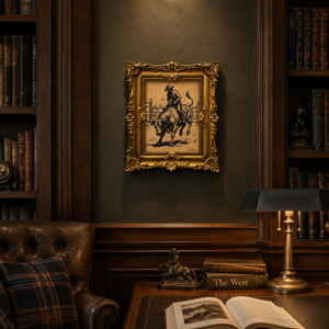 Scribble Cowboy #1 - Tay Harlan Original Artwork - on library study wall dimly lit - original cowboy art with gold frame