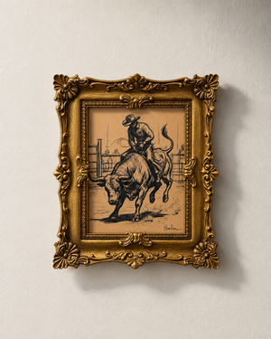 Scribble Cowboy #1 - Tay Harlan Original Artwork - original cowboy art - mixed media gold frame